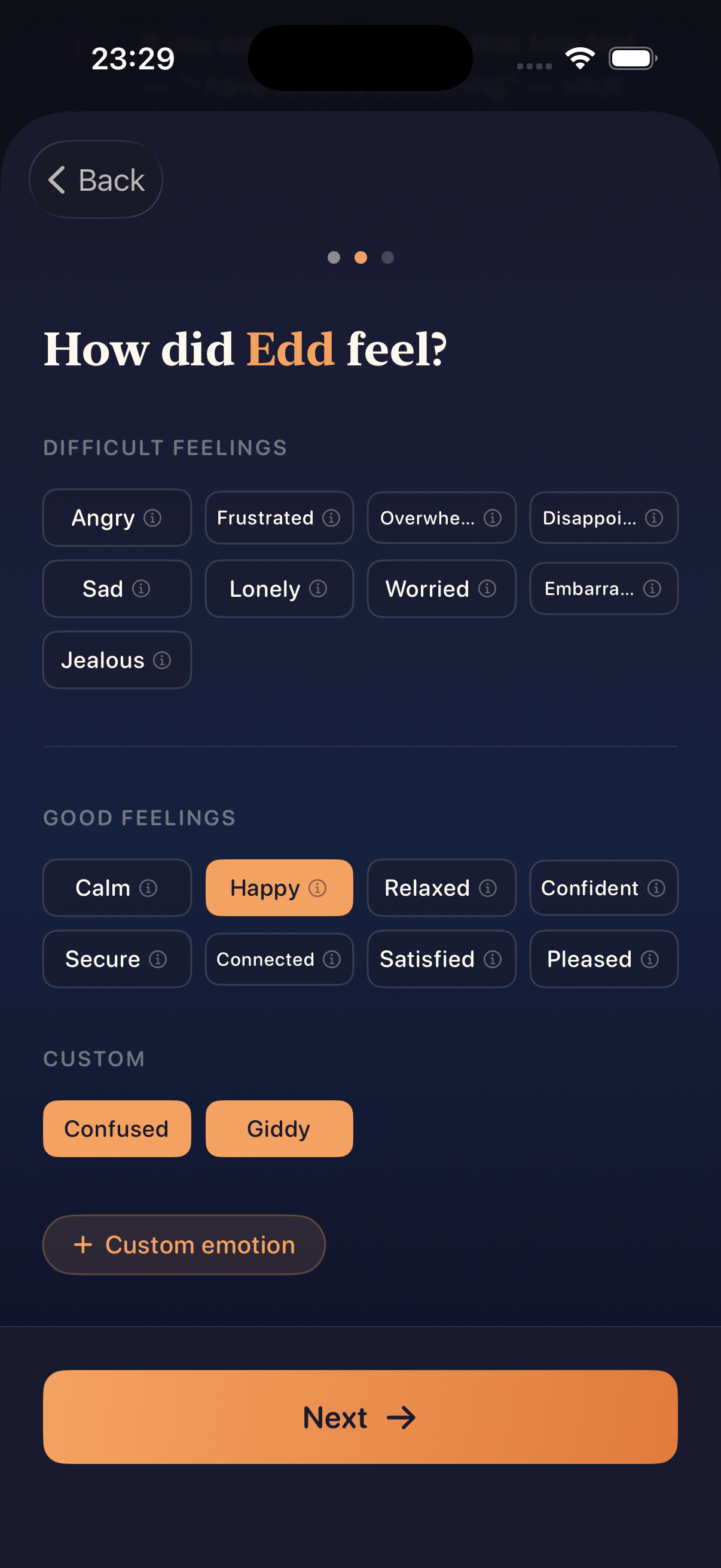 App screenshot — Pick the feelings